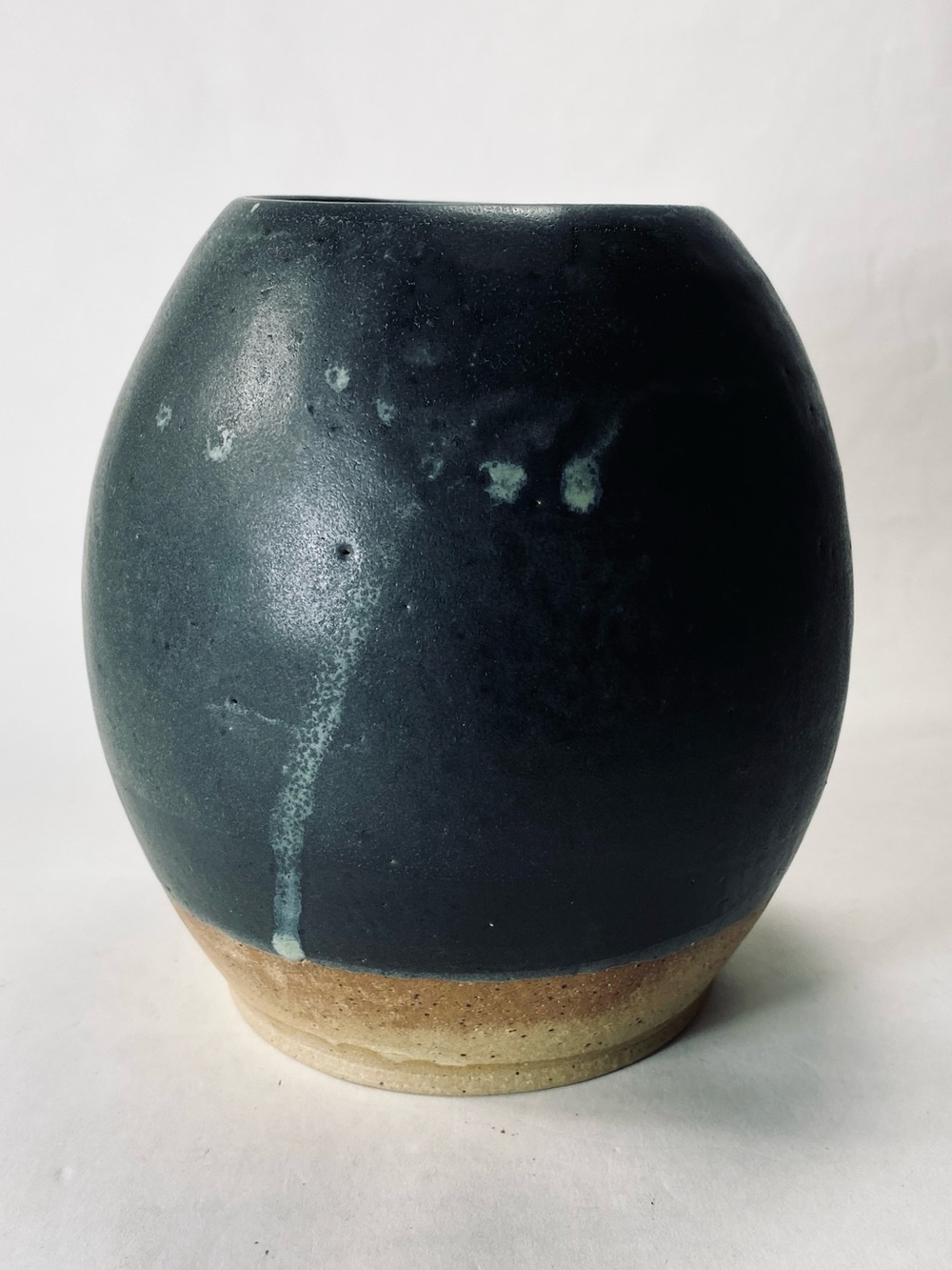 Handcrafted Pottery Signed CYN Spherical Round Ceramic Dark Blue Teal Vase
